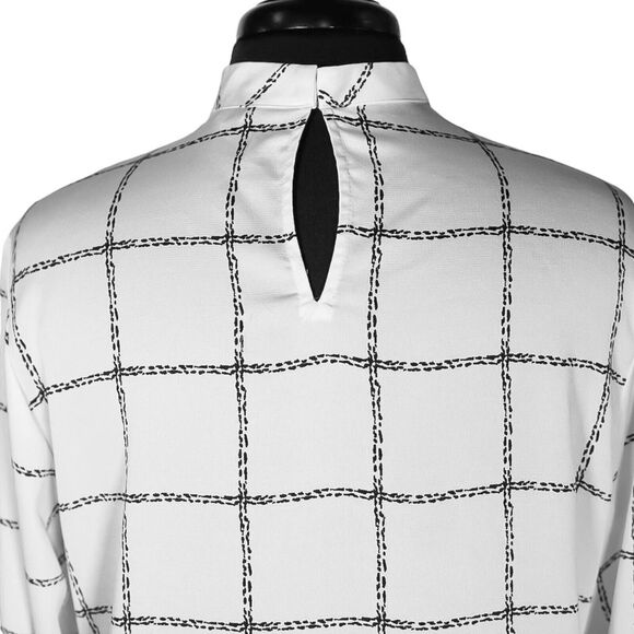 Express Women's Blouse White Black Plaid V-Neck Half Button Down Keyhole Top M - Picture 10 of 11
